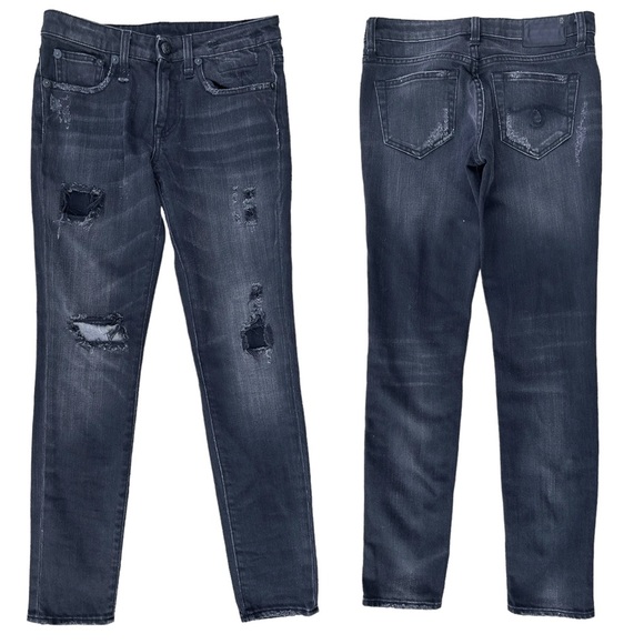 R13 Allison Crop Shredded Black Japanese Denim Faded Black Skinny Jeans Size 26 - Picture 1 of 13